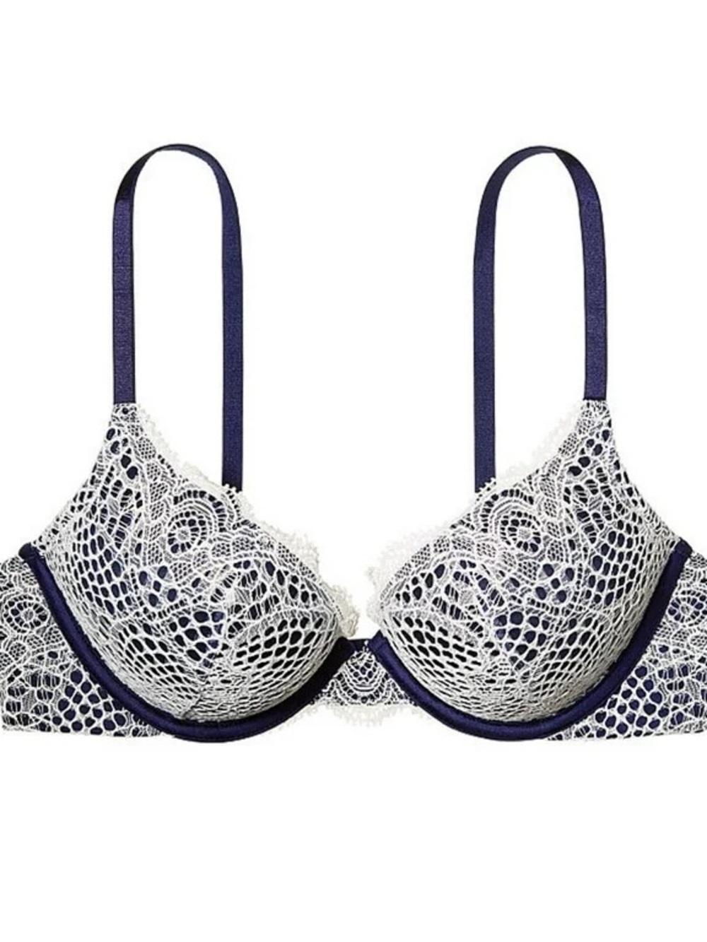 Victoria’s Secret Bombshell Push Up Adds 2 Sizes Lace Navy White Bra 3 DDD